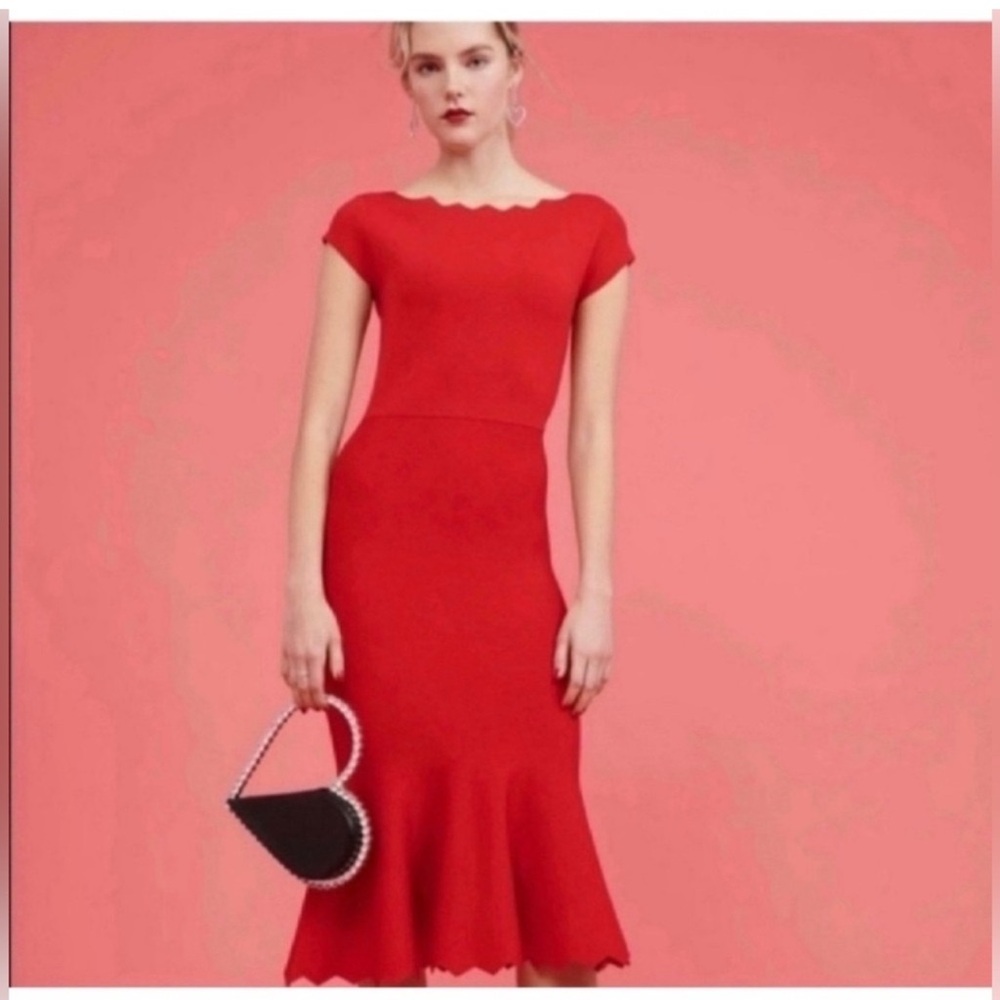 Rachel Parcel Elegant Red Scalloped Dress size medium like new!